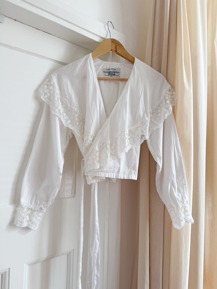 Precious White Late 70s Indian Cotton Lace Trimmed Wrap Blouse