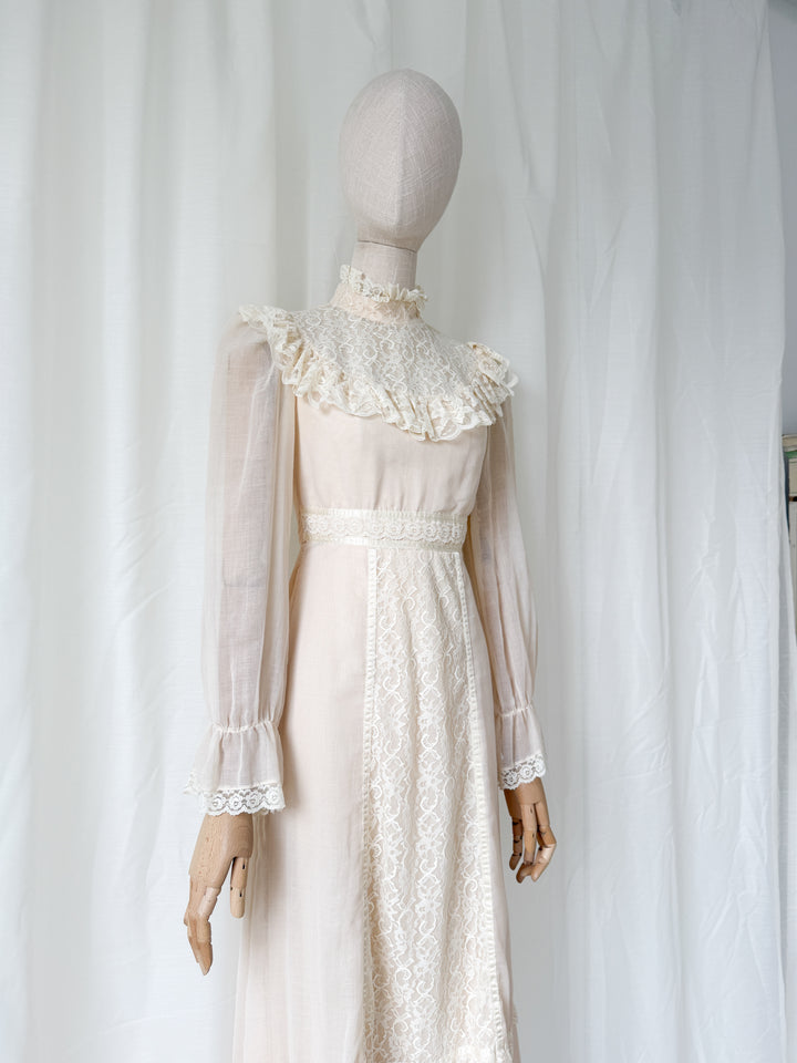 Precious Rare 1970s Candy Jones Cotton Lace Maxi Dress