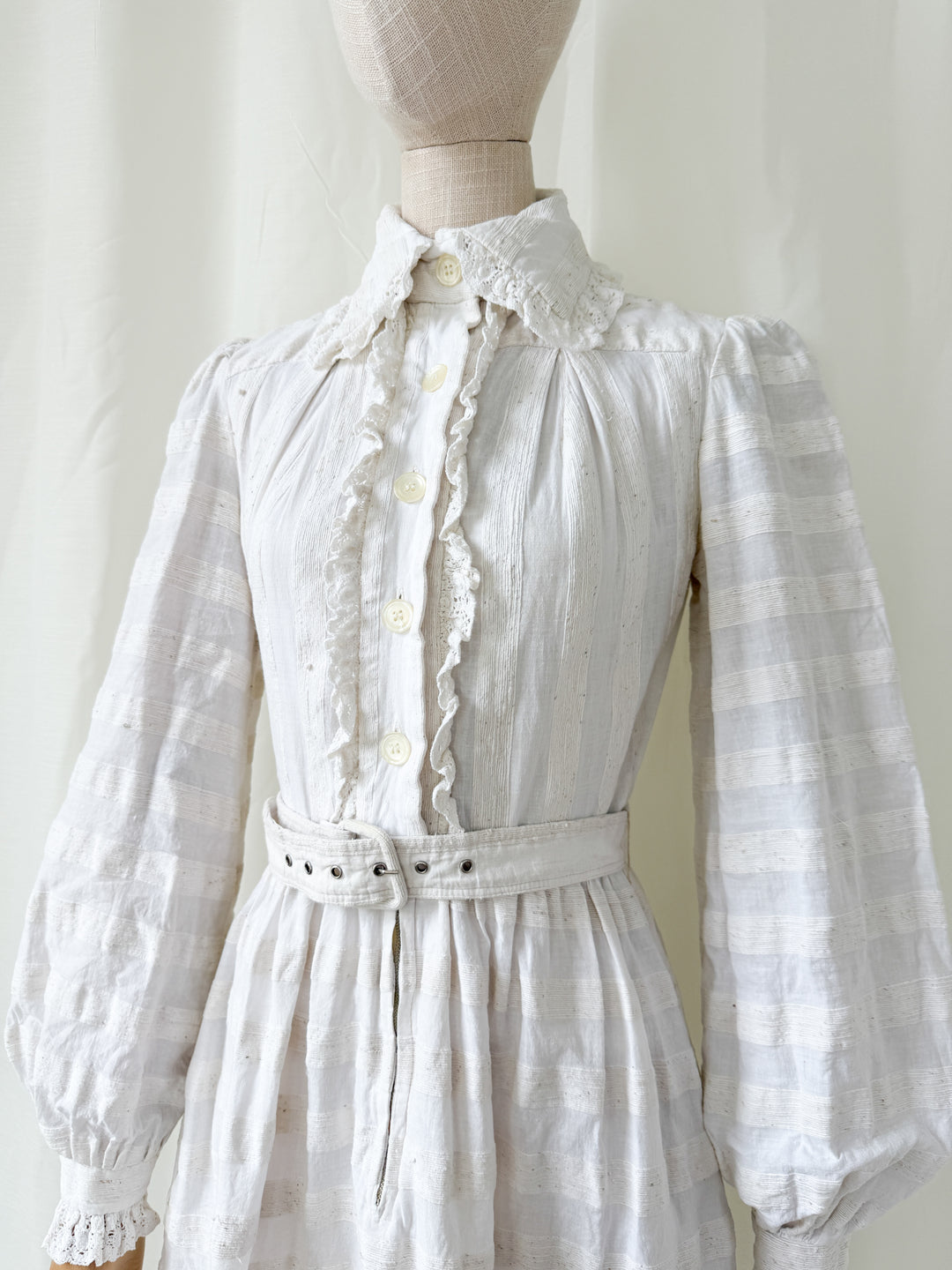 Breathtaking Rare Raw Slubbed Cotton 1970s Lace Trimmed Mini Dress by Jean Varon