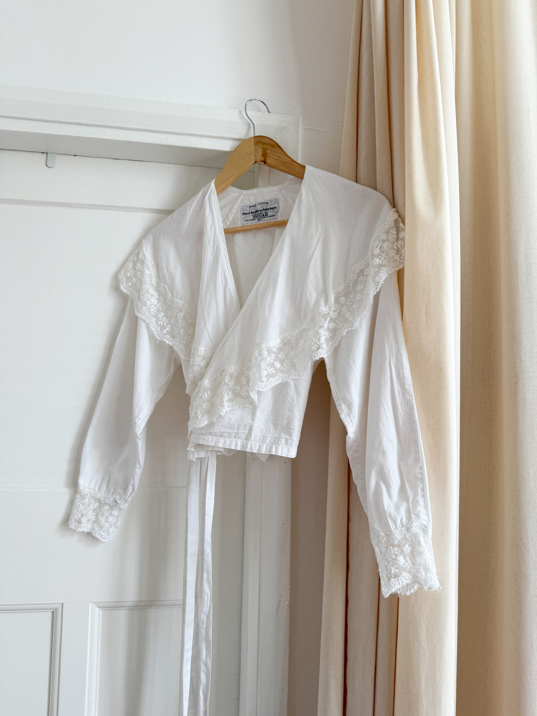 Precious White Late 70s Indian Cotton Lace Trimmed Wrap Blouse
