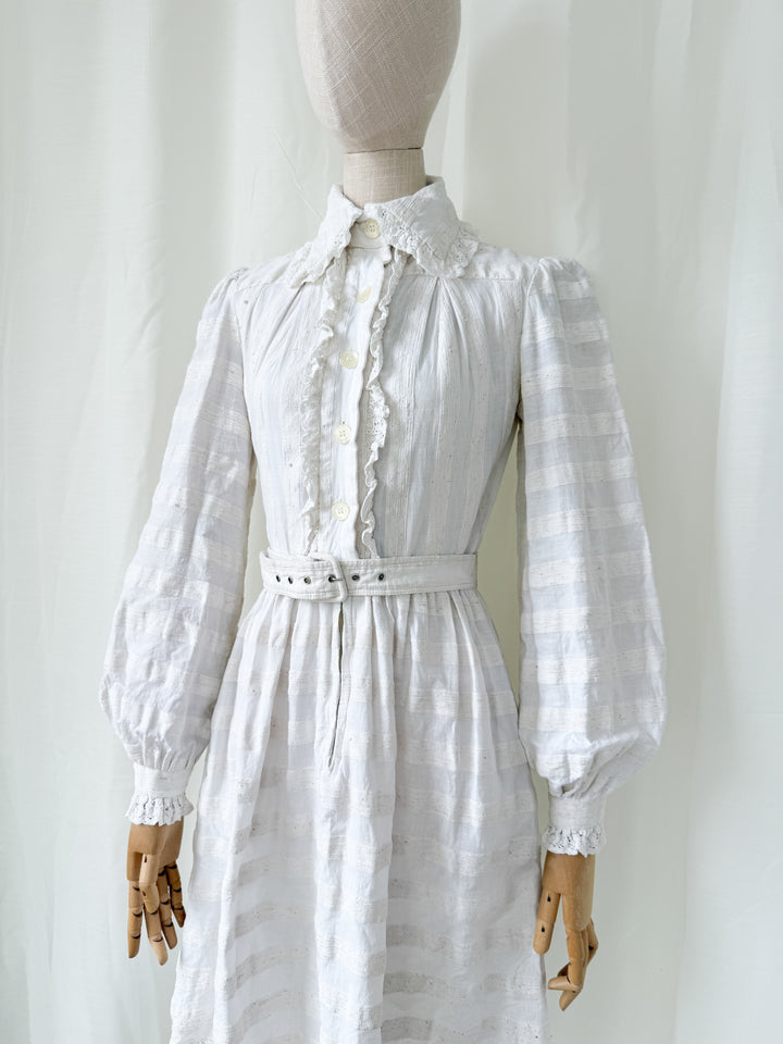 Breathtaking Rare Raw Slubbed Cotton 1970s Lace Trimmed Mini Dress by Jean Varon