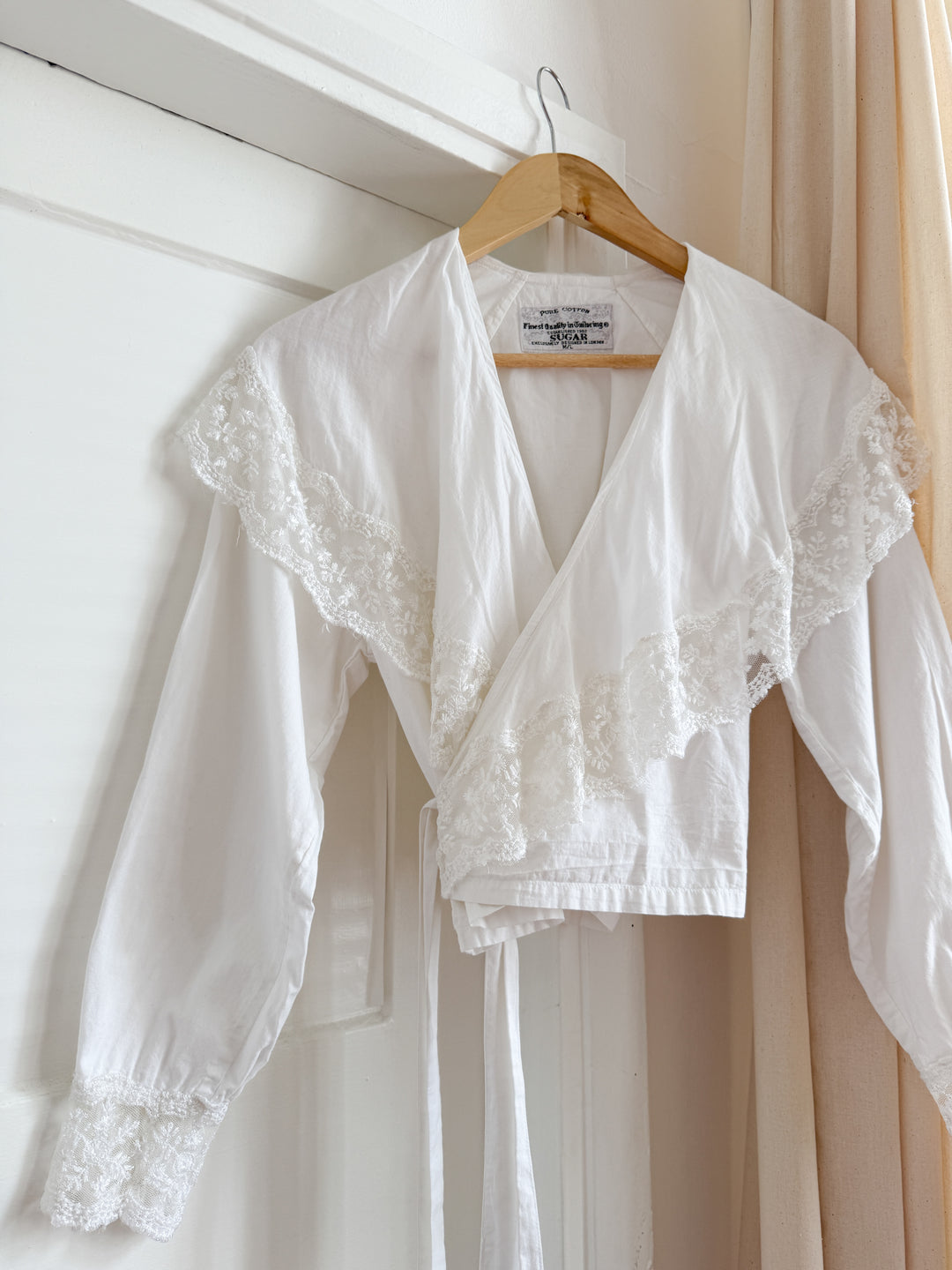Precious White Late 70s Indian Cotton Lace Trimmed Wrap Blouse