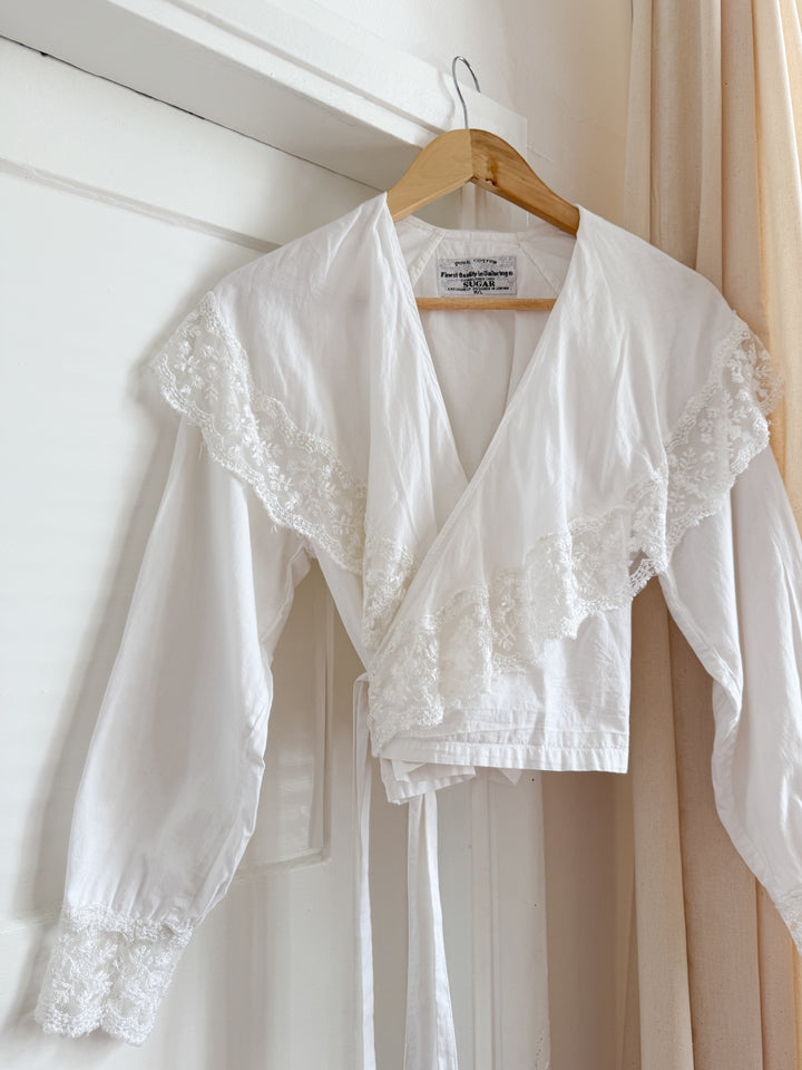 Precious White Late 70s Indian Cotton Lace Trimmed Wrap Blouse