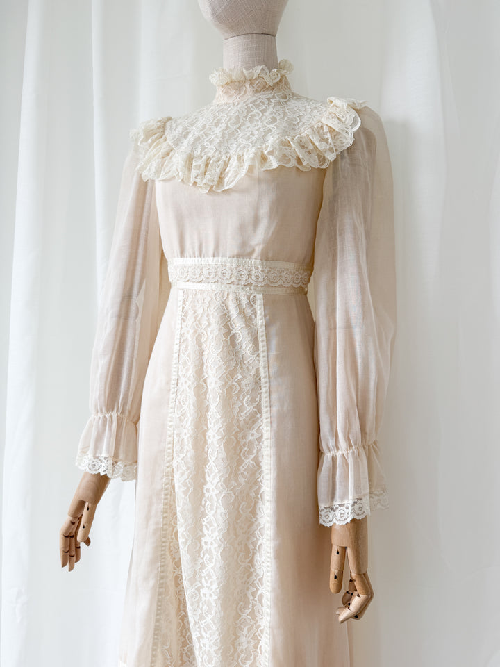 Precious Rare 1970s Candy Jones Cotton Lace Maxi Dress
