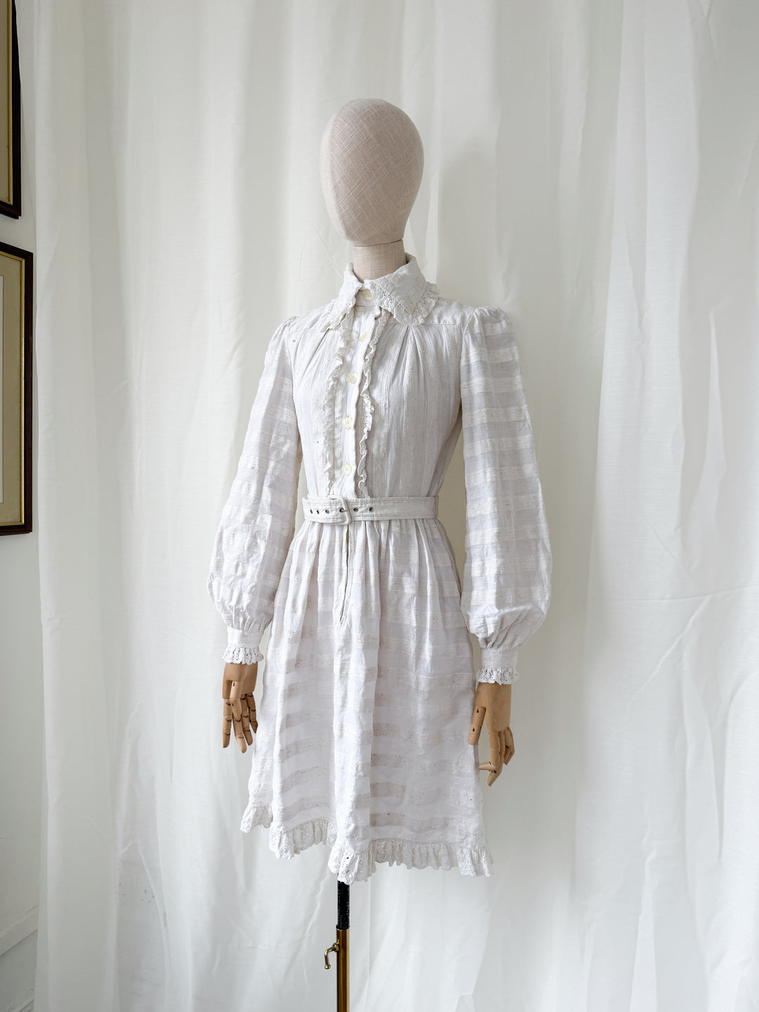 Breathtaking Rare Raw Slubbed Cotton 1970s Lace Trimmed Mini Dress by Jean Varon