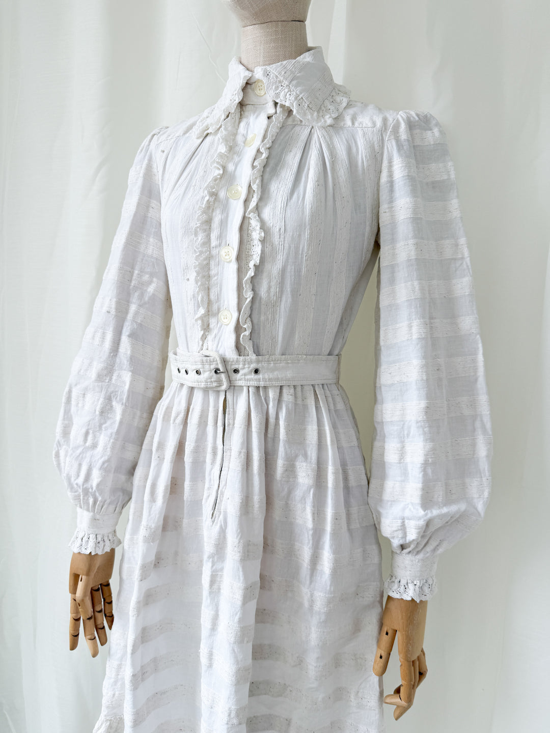 Breathtaking Rare Raw Slubbed Cotton 1970s Lace Trimmed Mini Dress by Jean Varon