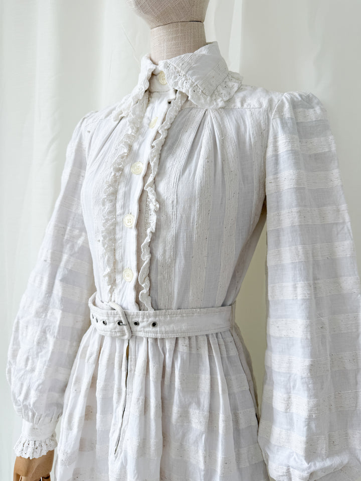 Breathtaking Rare Raw Slubbed Cotton 1970s Lace Trimmed Mini Dress by Jean Varon