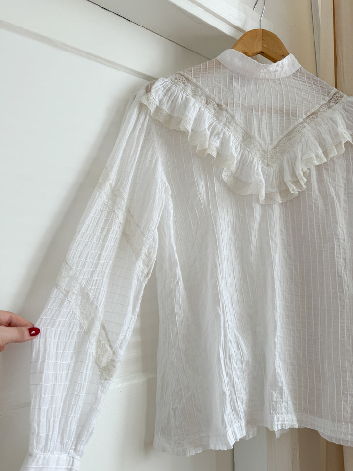 Insane Rare 70s Indian Cotton Pintuck Lace Trimmed Blouse by French Connection