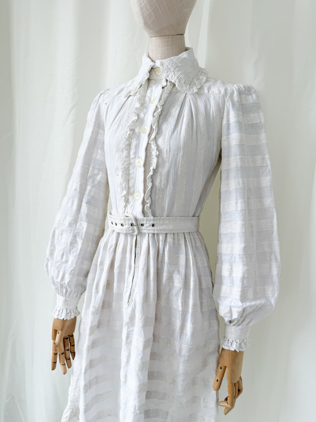 Breathtaking Rare Raw Slubbed Cotton 1970s Lace Trimmed Mini Dress by Jean Varon