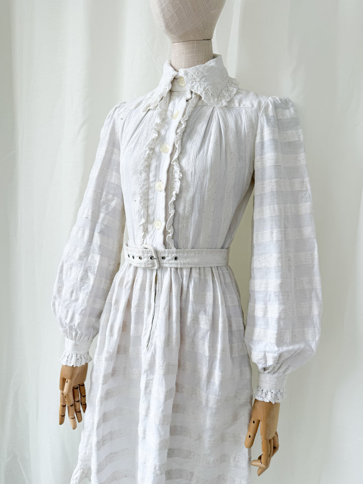 Breathtaking Rare Raw Slubbed Cotton 1970s Lace Trimmed Mini Dress by Jean Varon