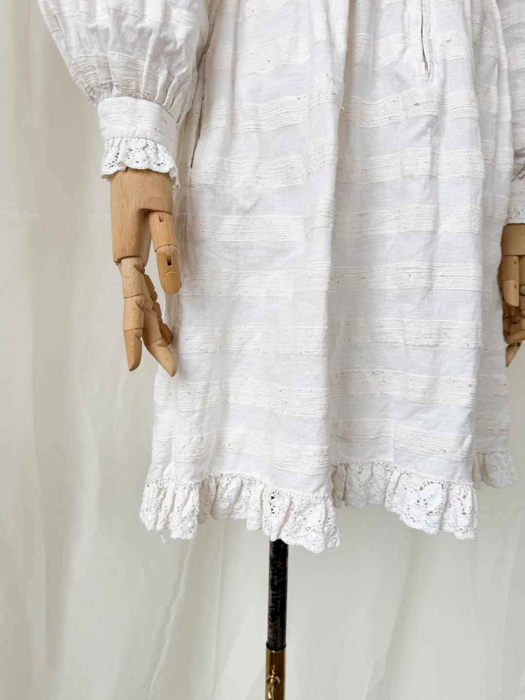 Breathtaking Rare Raw Slubbed Cotton 1970s Lace Trimmed Mini Dress by Jean Varon