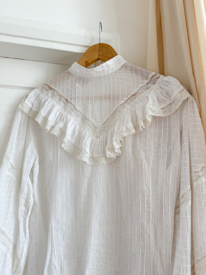 Insane Rare 70s Indian Cotton Pintuck Lace Trimmed Blouse by French Connection