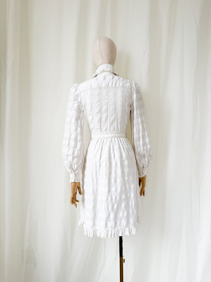 Breathtaking Rare Raw Slubbed Cotton 1970s Lace Trimmed Mini Dress by Jean Varon