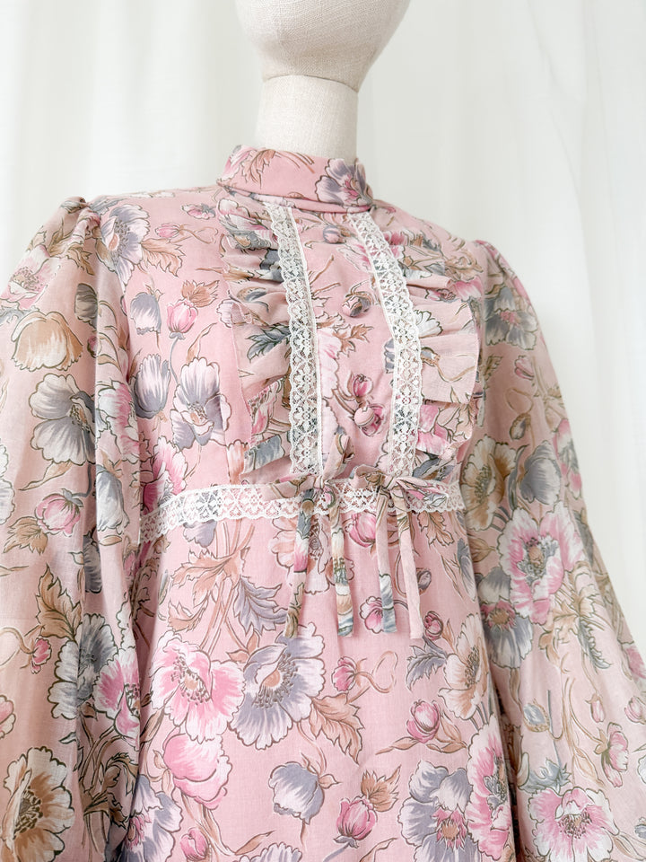 Pretty Dusky Pink Floral 1970s Cotton Maxi Dress
