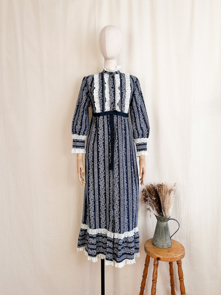 Beautiful 70s Indigo Cotton Frilly Floral Stripe Button Through Maxi Dress