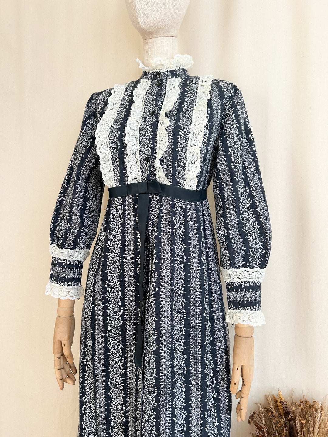 Beautiful 70s Indigo Cotton Frilly Floral Stripe Button Through Maxi Dress