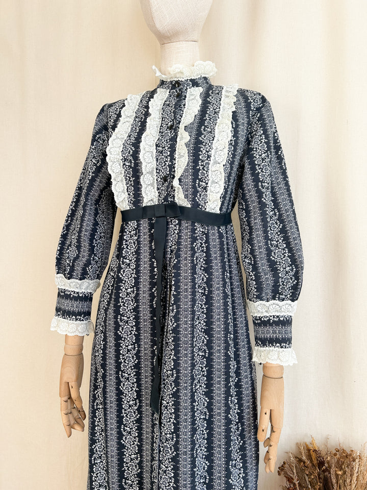 Beautiful 70s Indigo Cotton Frilly Floral Stripe Button Through Maxi Dress