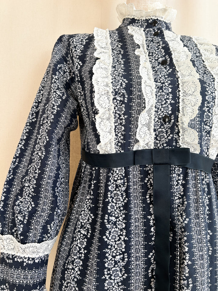 Beautiful 70s Indigo Cotton Frilly Floral Stripe Button Through Maxi Dress