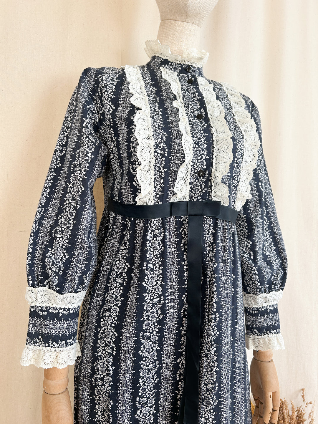 Beautiful 70s Indigo Cotton Frilly Floral Stripe Button Through Maxi Dress