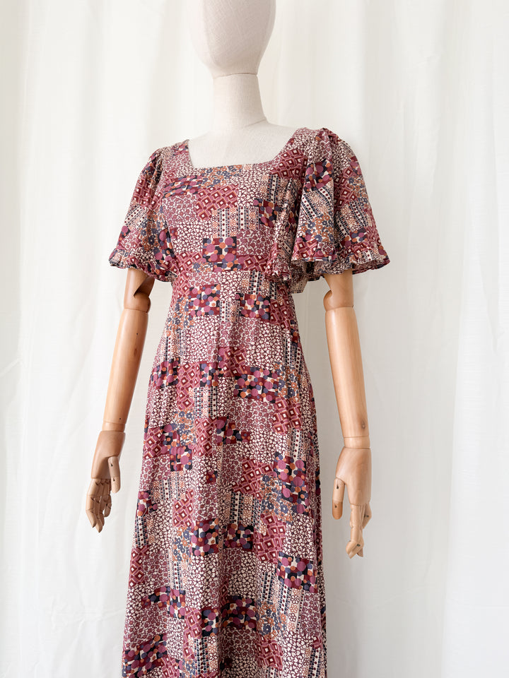 Beautiful Rare 1970s Flutter Sleeve Bohemian Cotton Maxi Dress