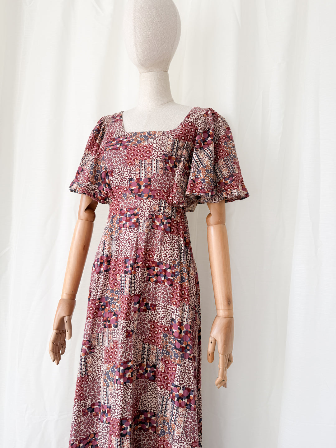 Beautiful Rare 1970s Flutter Sleeve Bohemian Cotton Maxi Dress