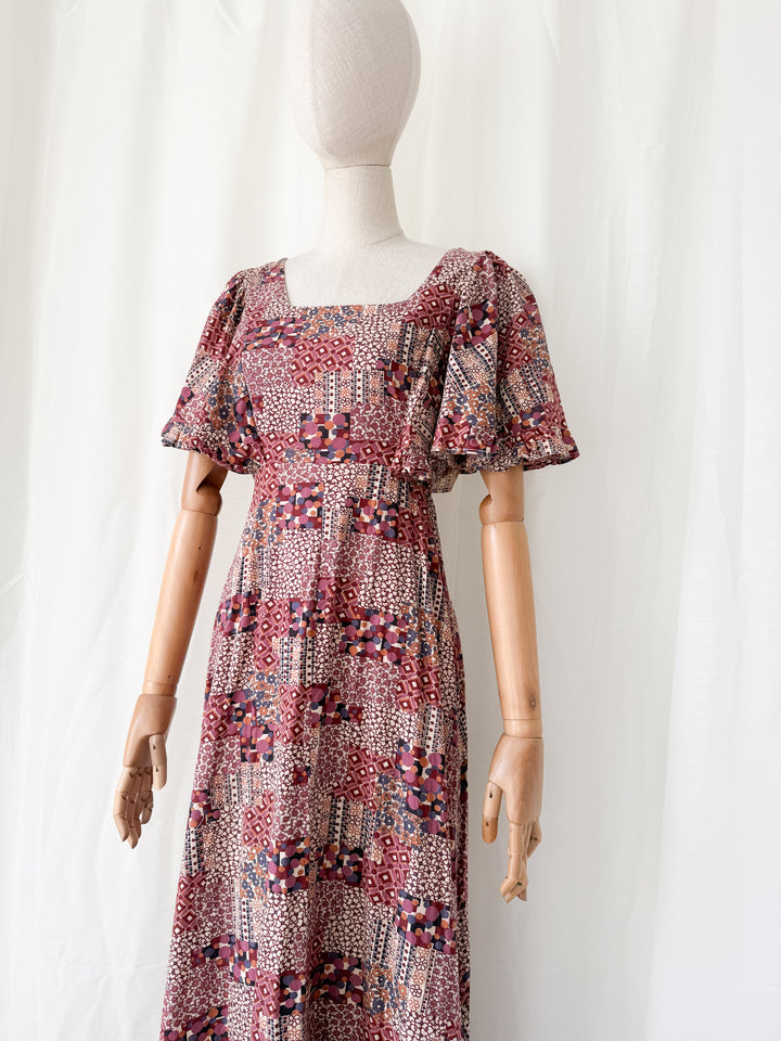 Beautiful Rare 1970s Flutter Sleeve Bohemian Cotton Maxi Dress