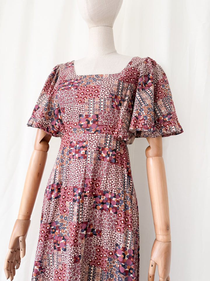Beautiful Rare 1970s Flutter Sleeve Bohemian Cotton Maxi Dress
