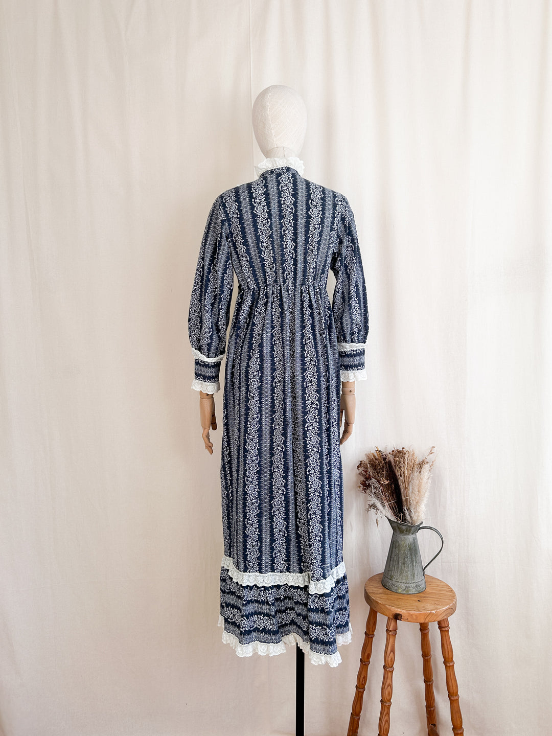 Beautiful 70s Indigo Cotton Frilly Floral Stripe Button Through Maxi Dress