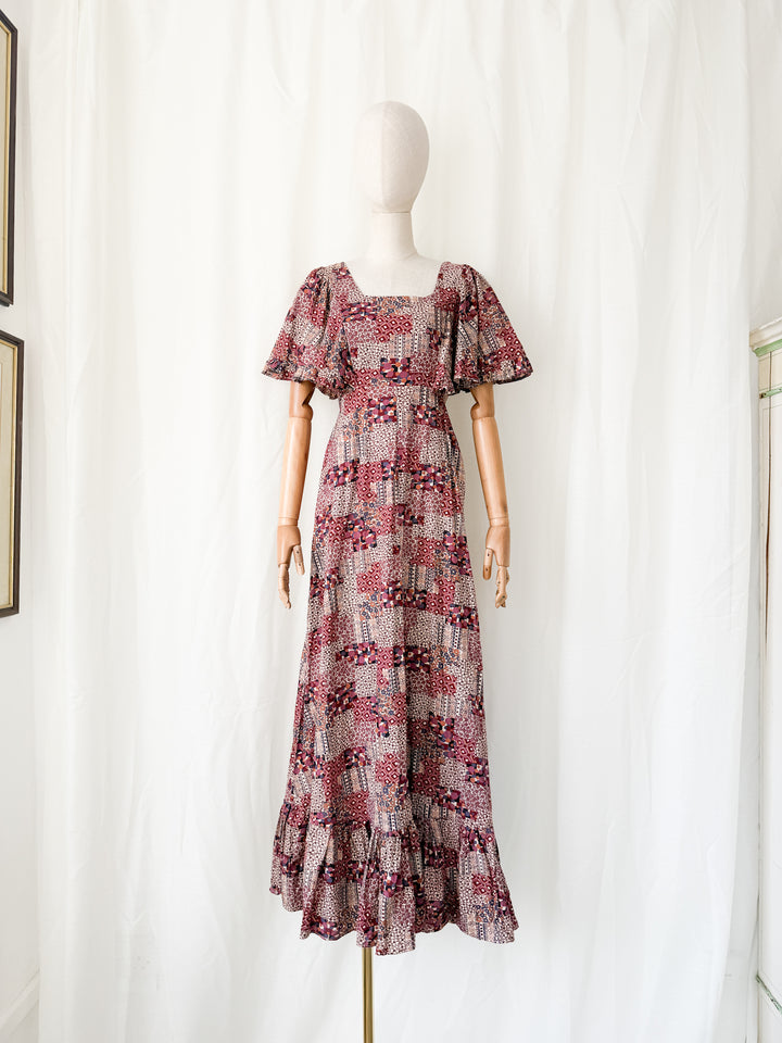 Beautiful Rare 1970s Flutter Sleeve Bohemian Cotton Maxi Dress