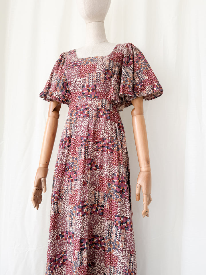 Beautiful Rare 1970s Flutter Sleeve Bohemian Cotton Maxi Dress