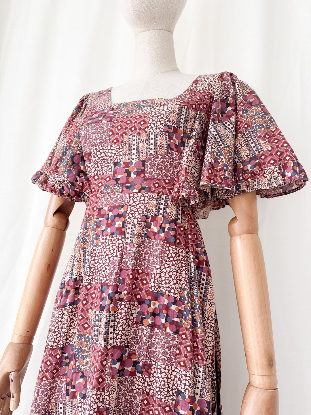 Beautiful Rare 1970s Flutter Sleeve Bohemian Cotton Maxi Dress