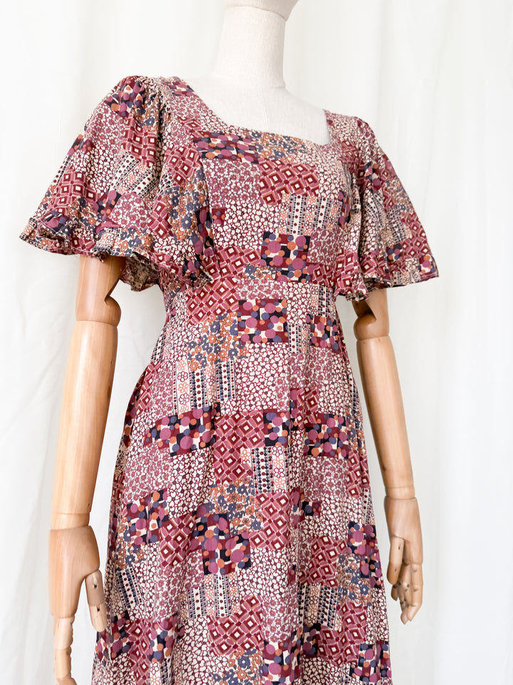 Beautiful Rare 1970s Flutter Sleeve Bohemian Cotton Maxi Dress