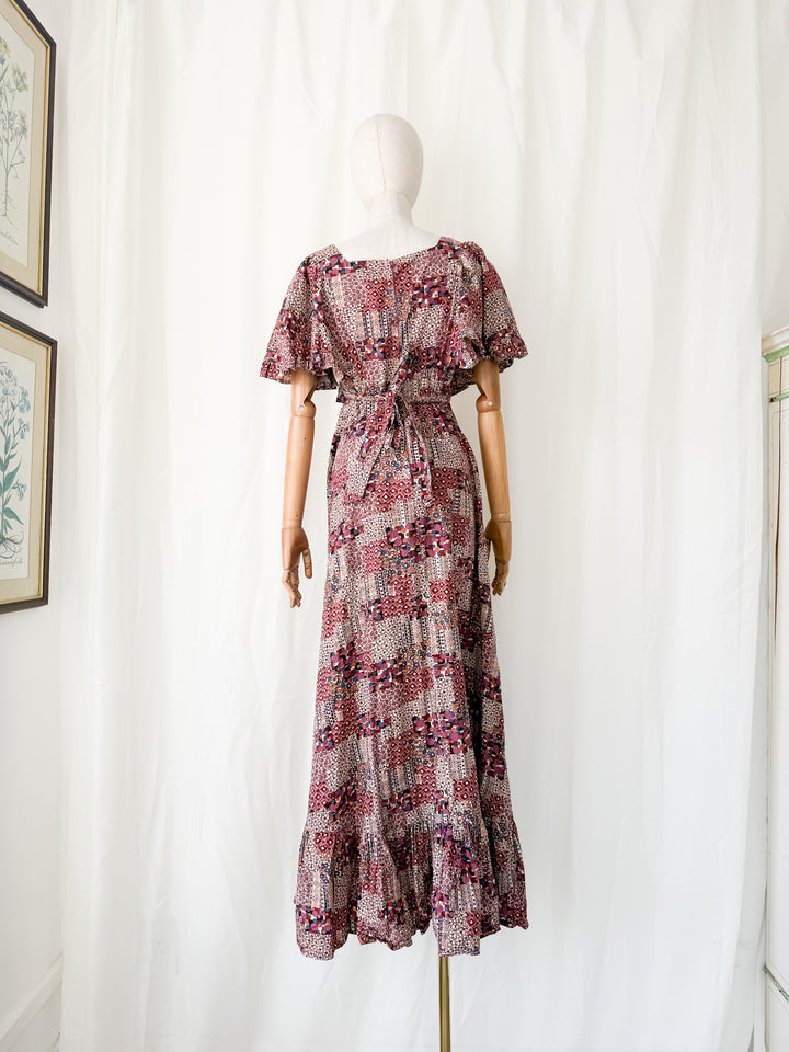 Beautiful Rare 1970s Flutter Sleeve Bohemian Cotton Maxi Dress