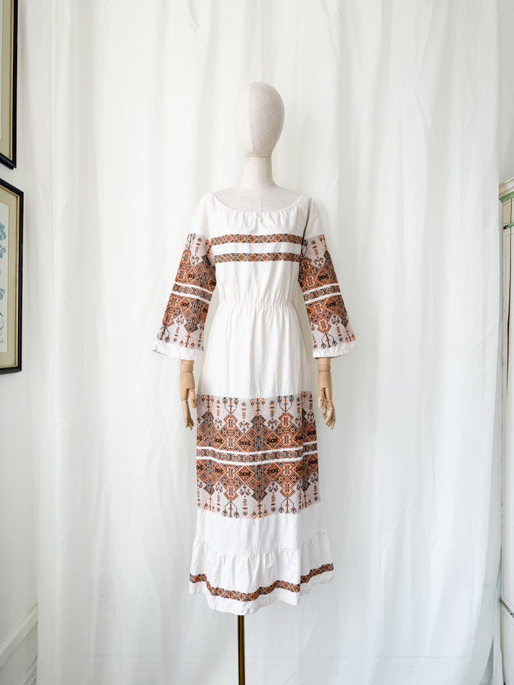 Precious Rare 1970s Greek Embroidered Heavy Cotton Maxi Dress