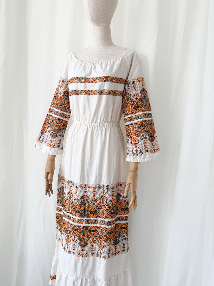 Precious Rare 1970s Greek Embroidered Heavy Cotton Maxi Dress