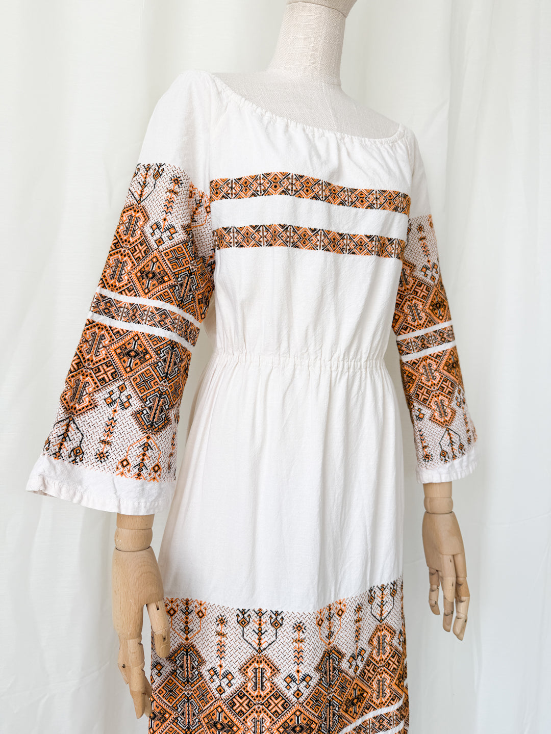 Precious Rare 1970s Greek Embroidered Heavy Cotton Maxi Dress