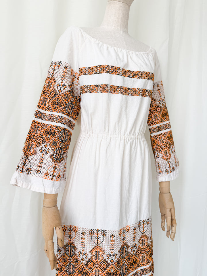 Precious Rare 1970s Greek Embroidered Heavy Cotton Maxi Dress
