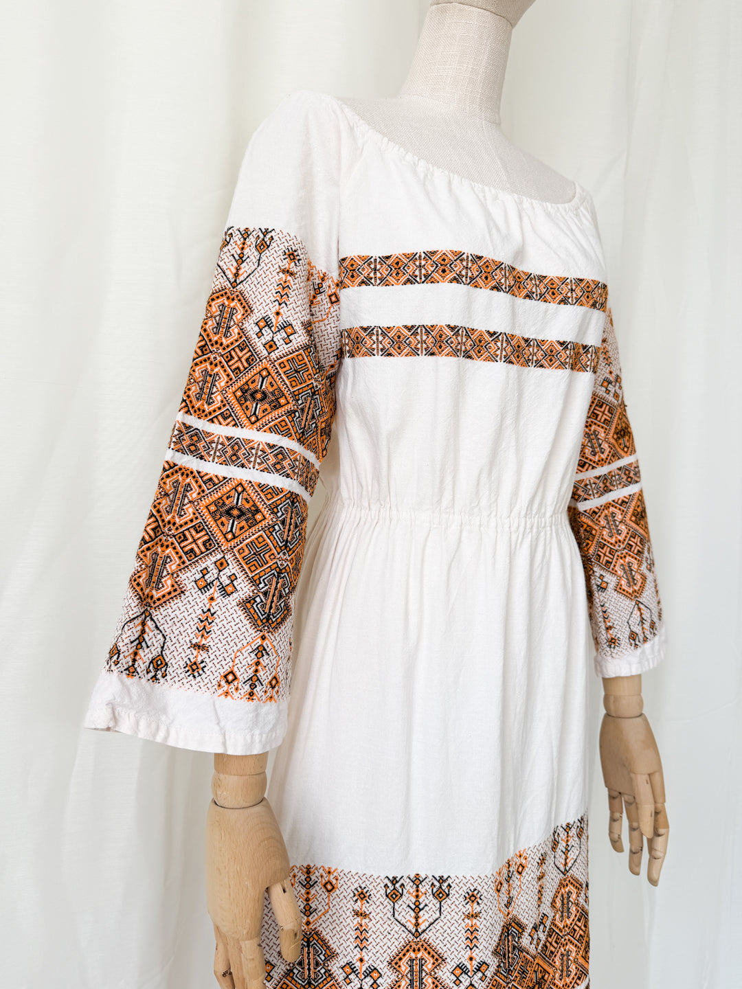 Precious Rare 1970s Greek Embroidered Heavy Cotton Maxi Dress