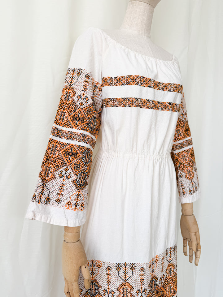 Precious Rare 1970s Greek Embroidered Heavy Cotton Maxi Dress