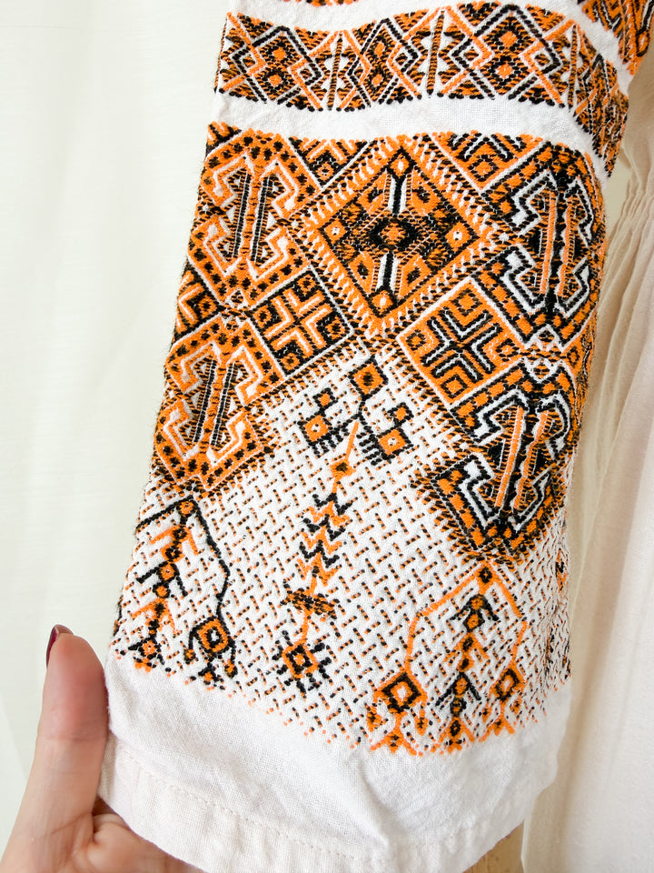 Precious Rare 1970s Greek Embroidered Heavy Cotton Maxi Dress