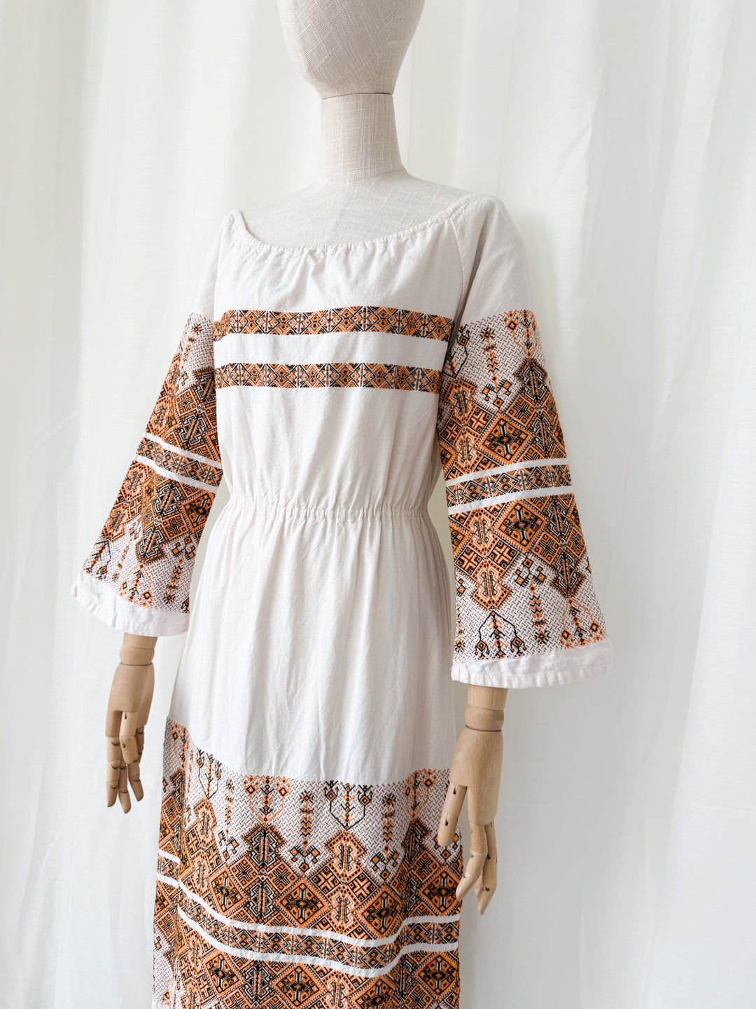 Precious Rare 1970s Greek Embroidered Heavy Cotton Maxi Dress