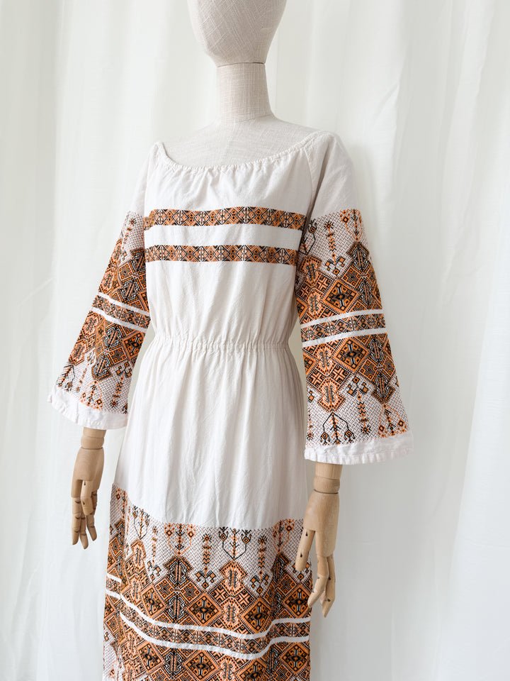 Precious Rare 1970s Greek Embroidered Heavy Cotton Maxi Dress