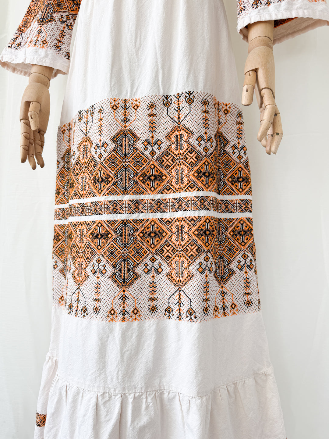 Precious Rare 1970s Greek Embroidered Heavy Cotton Maxi Dress