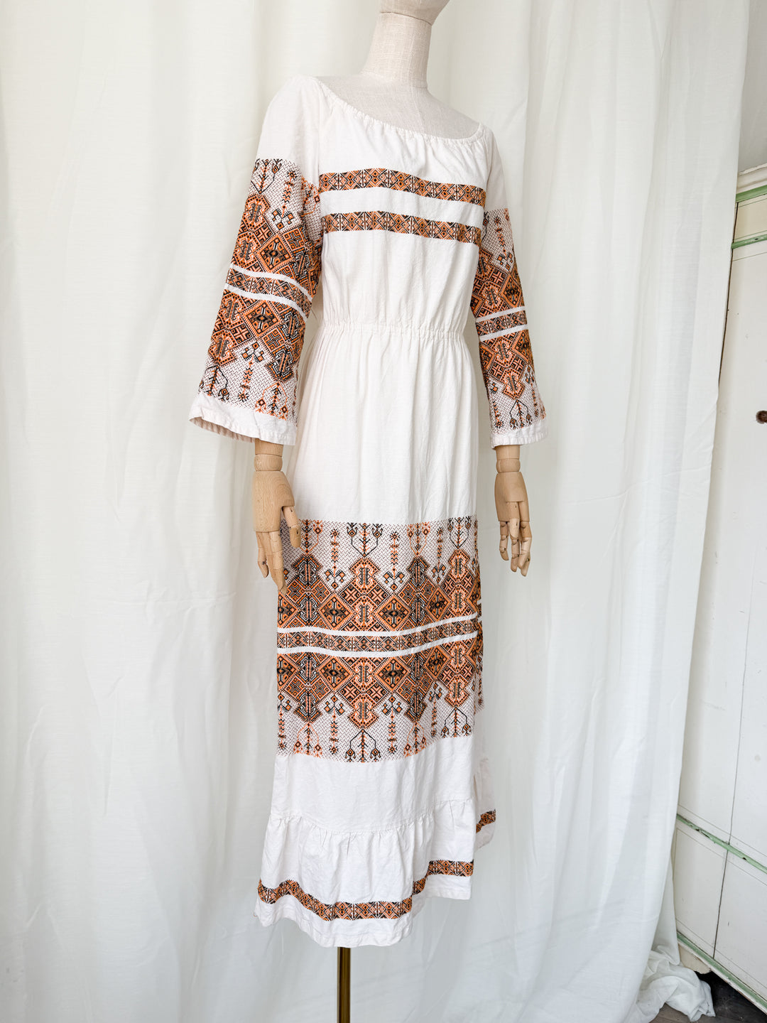 Precious Rare 1970s Greek Embroidered Heavy Cotton Maxi Dress