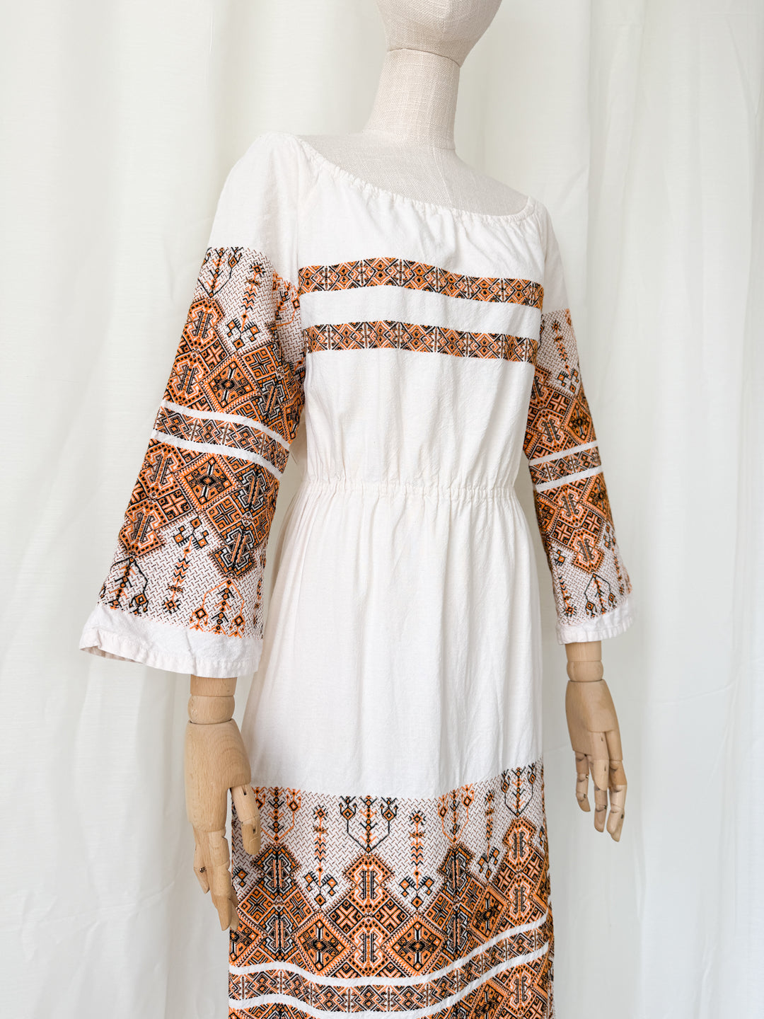 Precious Rare 1970s Greek Embroidered Heavy Cotton Maxi Dress