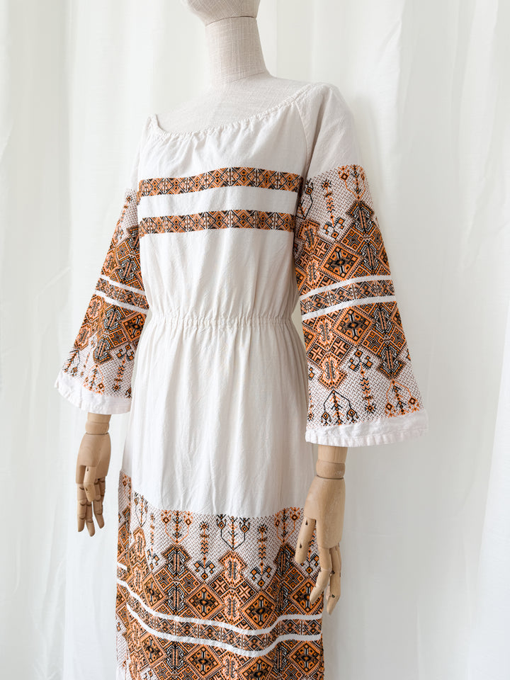 Precious Rare 1970s Greek Embroidered Heavy Cotton Maxi Dress