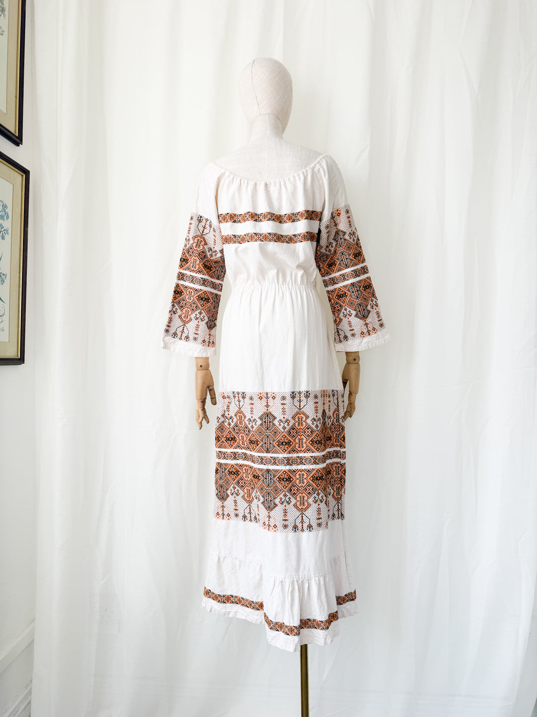 Precious Rare 1970s Greek Embroidered Heavy Cotton Maxi Dress