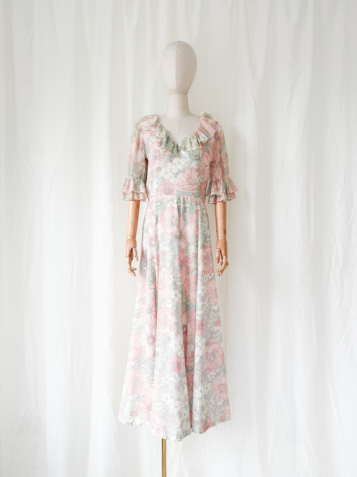 Ethereal 1970s Floral Cotton Maxi Dress