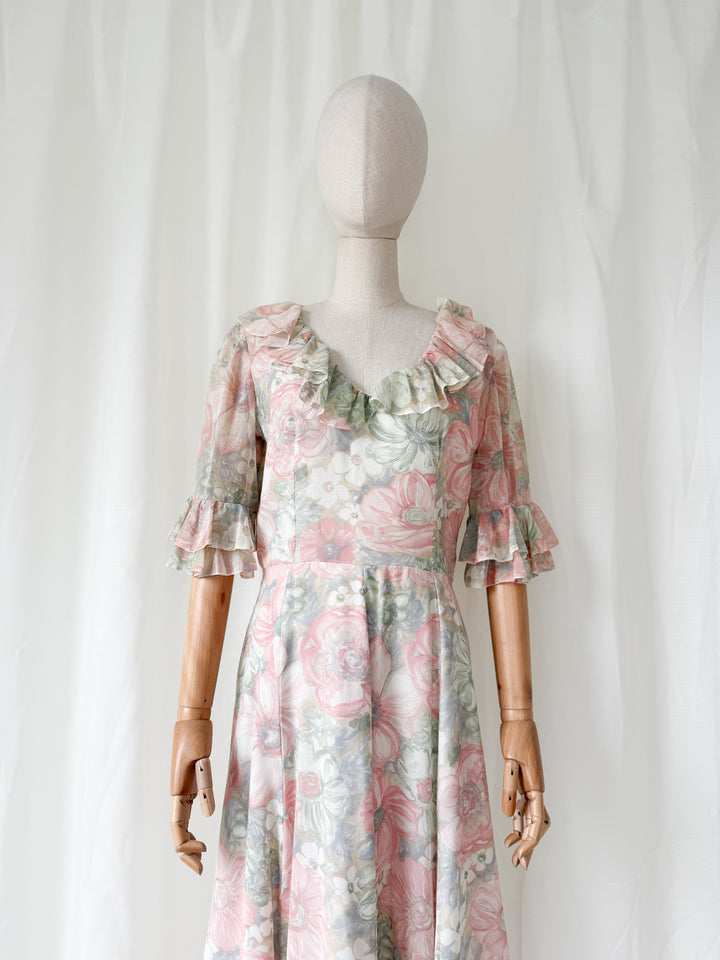 Ethereal 1970s Floral Cotton Maxi Dress