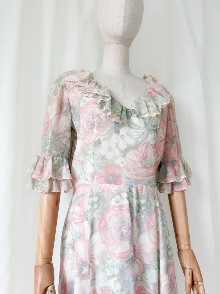 Ethereal 1970s Floral Cotton Maxi Dress